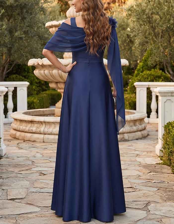 Navy Blue Chiffon Cape Sleeve Asymmetrical High Low Satin Maxi Dress