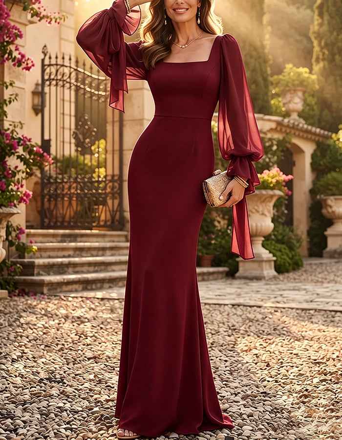 Square Neck Chiffon Puff Sleeve Mermaid Maxi Dress