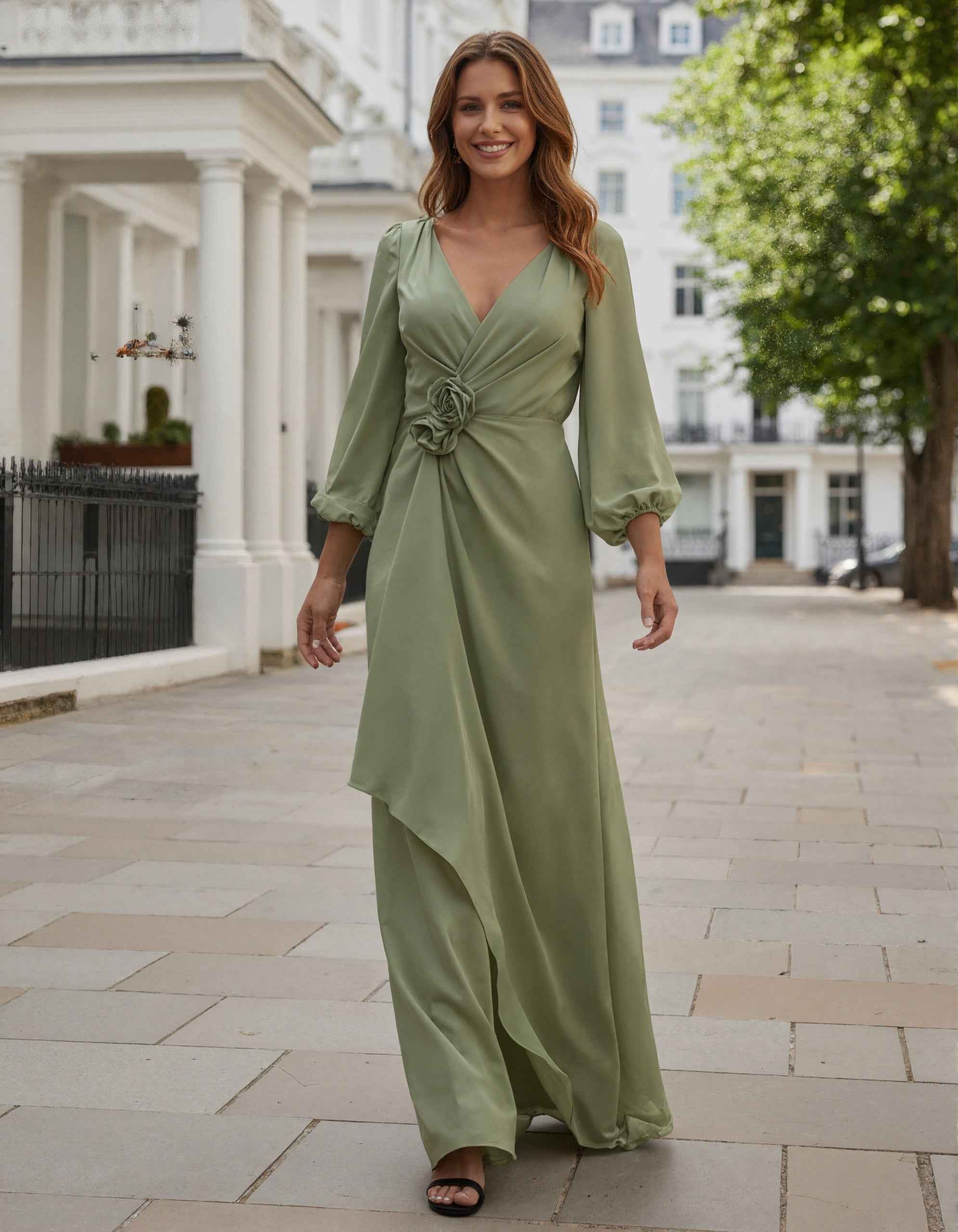 Sage Green V-Neck Lantern Sleeve Chiffon Maxi Dress