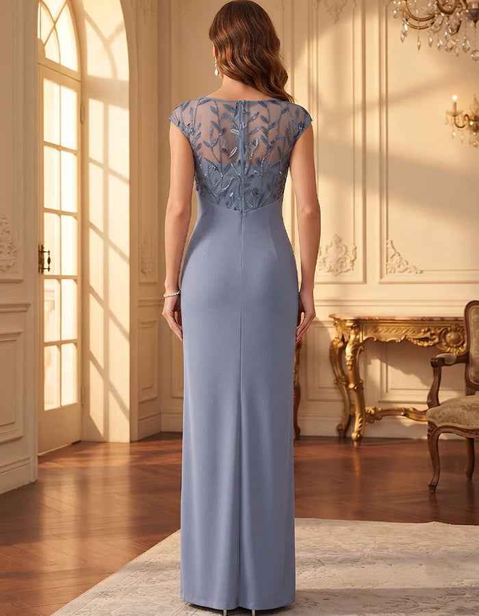 Dusty Blue Lace Sequin Cap Sleeve Twist Waist Slit Maxi Dress