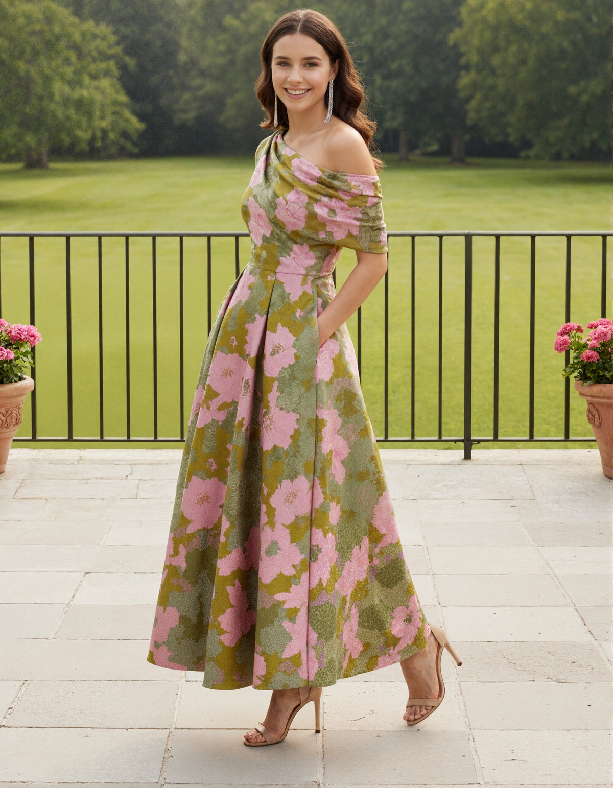 Olive Green Base With Pink Floral Print Off Shoulder Design Maxi Dress