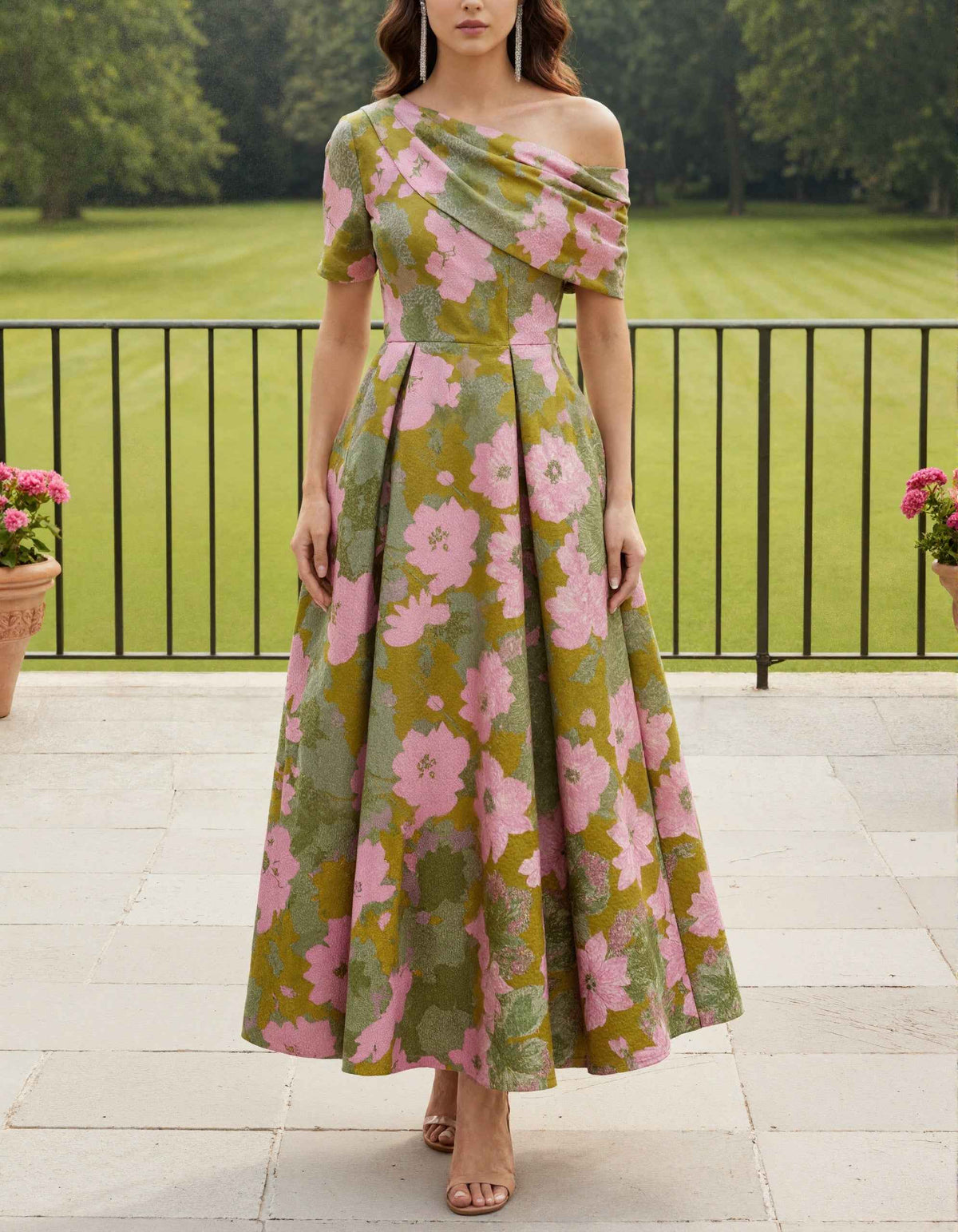 Olive Green Base With Pink Floral Print Off Shoulder Design Maxi Dress