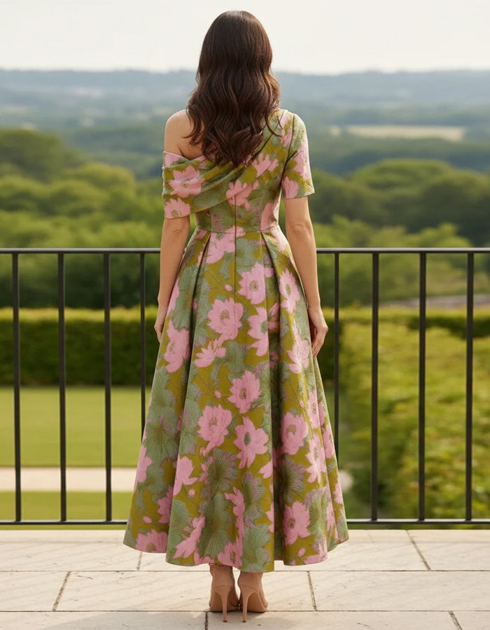 Olive Green Base With Pink Floral Print Off Shoulder Design Maxi Dress