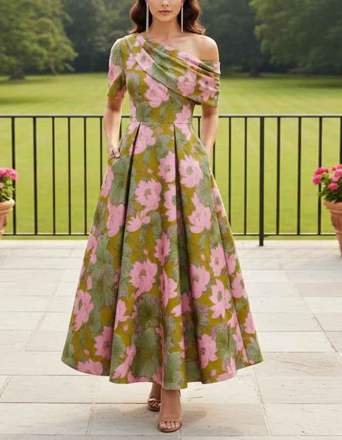 Olive Green Base With Pink Floral Print Off Shoulder Design Maxi Dress