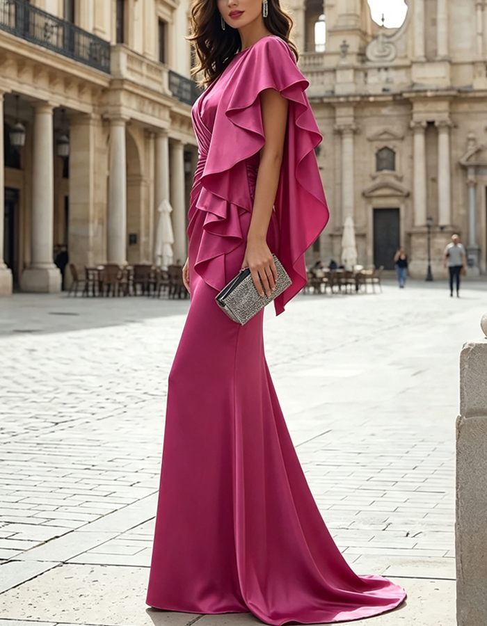Elegant Satin Asymmetrical Ruffled Sleeves Mermaid Evening Maxi Dress