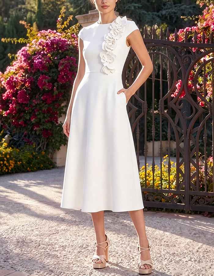 3D Flower Cap Sleeve A Line with Pockets Midi Dress
