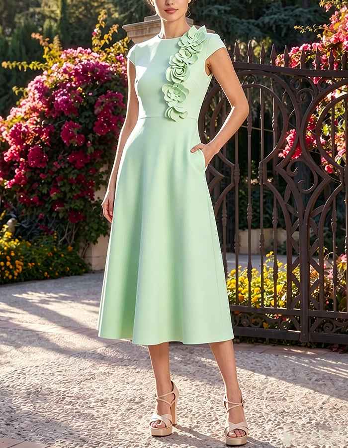 3D Flower Cap Sleeve A Line with Pockets Midi Dress