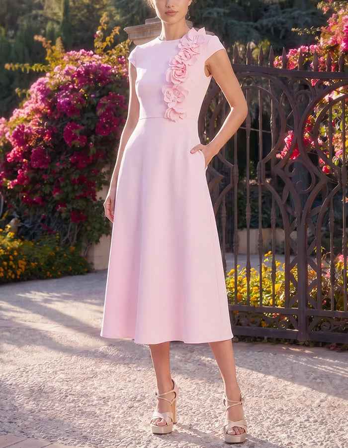 3D Flower Cap Sleeve A Line with Pockets Midi Dress