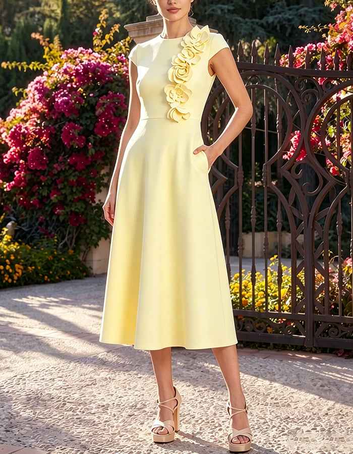 3D Flower Cap Sleeve A Line with Pockets Midi Dress