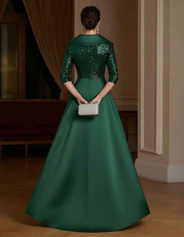 Solid Color Lapel Sequined Satin Maxi Dress