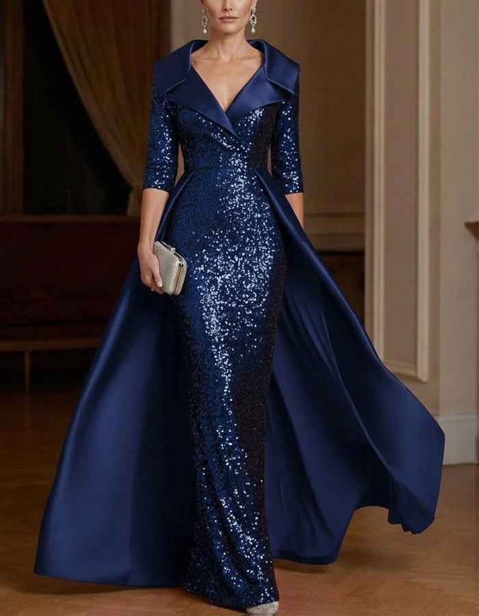 Solid Color Lapel Sequined Satin Maxi Dress