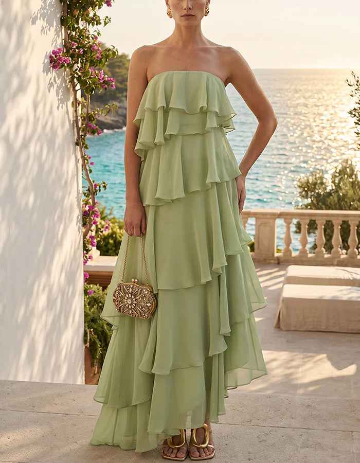 Strapless Tiered Ruffle Chiffon Asymmetrical Hem Maxi Dress