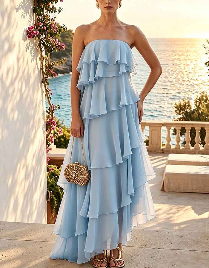 Strapless Tiered Ruffle Chiffon Asymmetrical Hem Maxi Dress