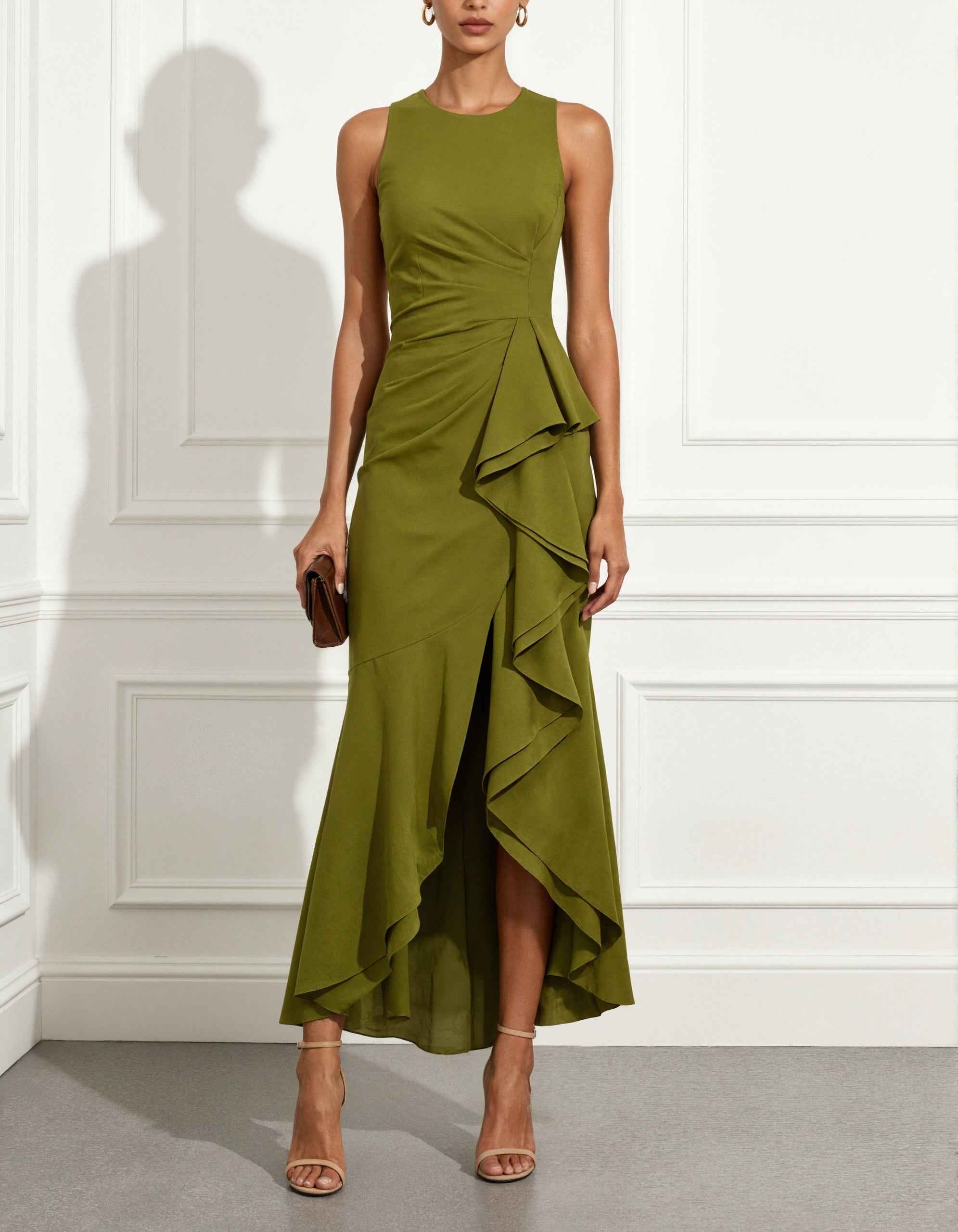 Green Sleeveless Twist Waist Ruffle Slit Maxi Dress