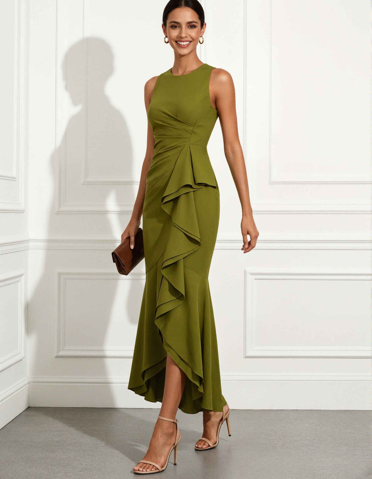 Green Sleeveless Twist Waist Ruffle Slit Maxi Dress