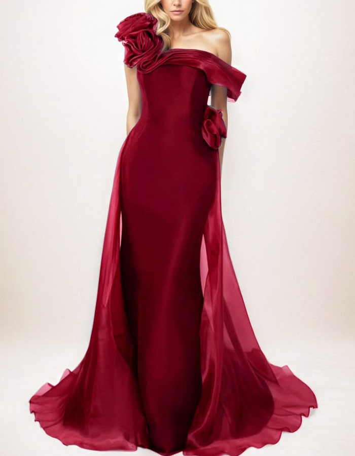 Vestido maxi elegante de cetim com um ombro e flores 3D