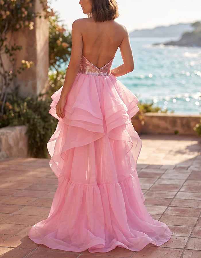 Pink Backless Deep V Sequined Layered Tulle Homecoming Dresses