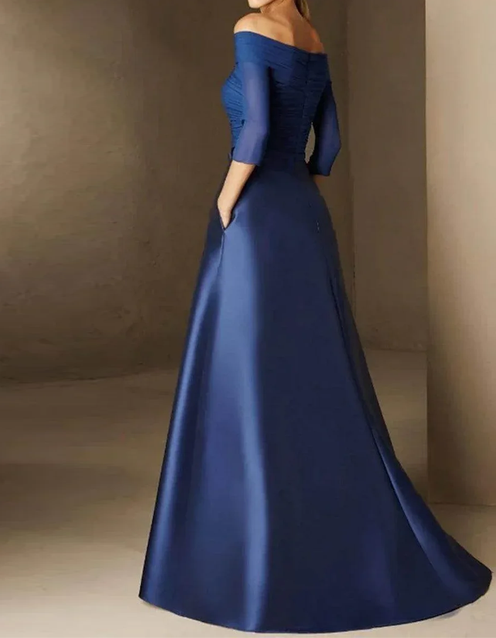 Elegant Off-the-shoulder Boat Neckline Satin A-line Maxi Dress