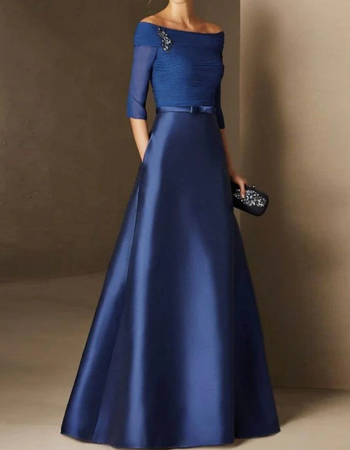 Elegant Off-the-shoulder Boat Neckline Satin A-line Maxi Dress