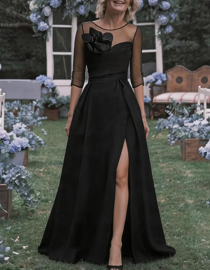 Elegantes A-Linien-Maxikleid aus Tüll mit Rundhalsausschnitt und 3D-Satinblumen