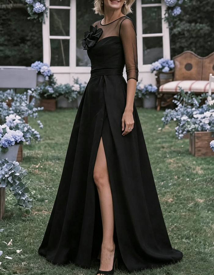 Elegante maxi-A-lijnjurk van tule met ronde hals en 3D-bloemen van satijn