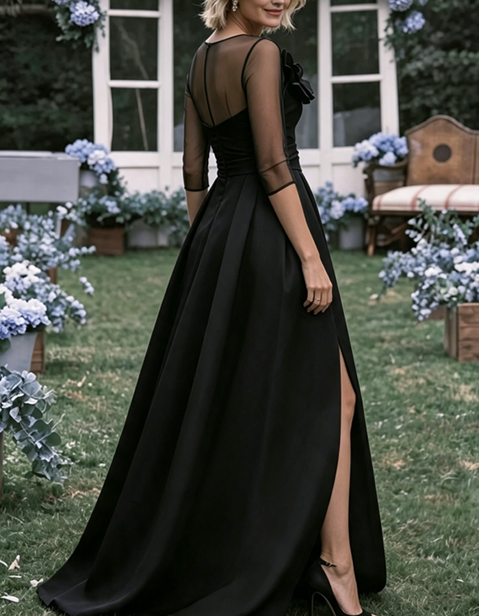 Elegante maxi-A-lijnjurk van tule met ronde hals en 3D-bloemen van satijn