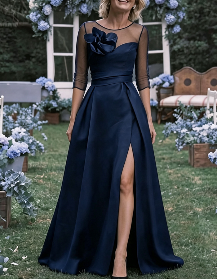 Elegante vestido largo de satén en línea A, con cuello redondo de tul y flores en 3D