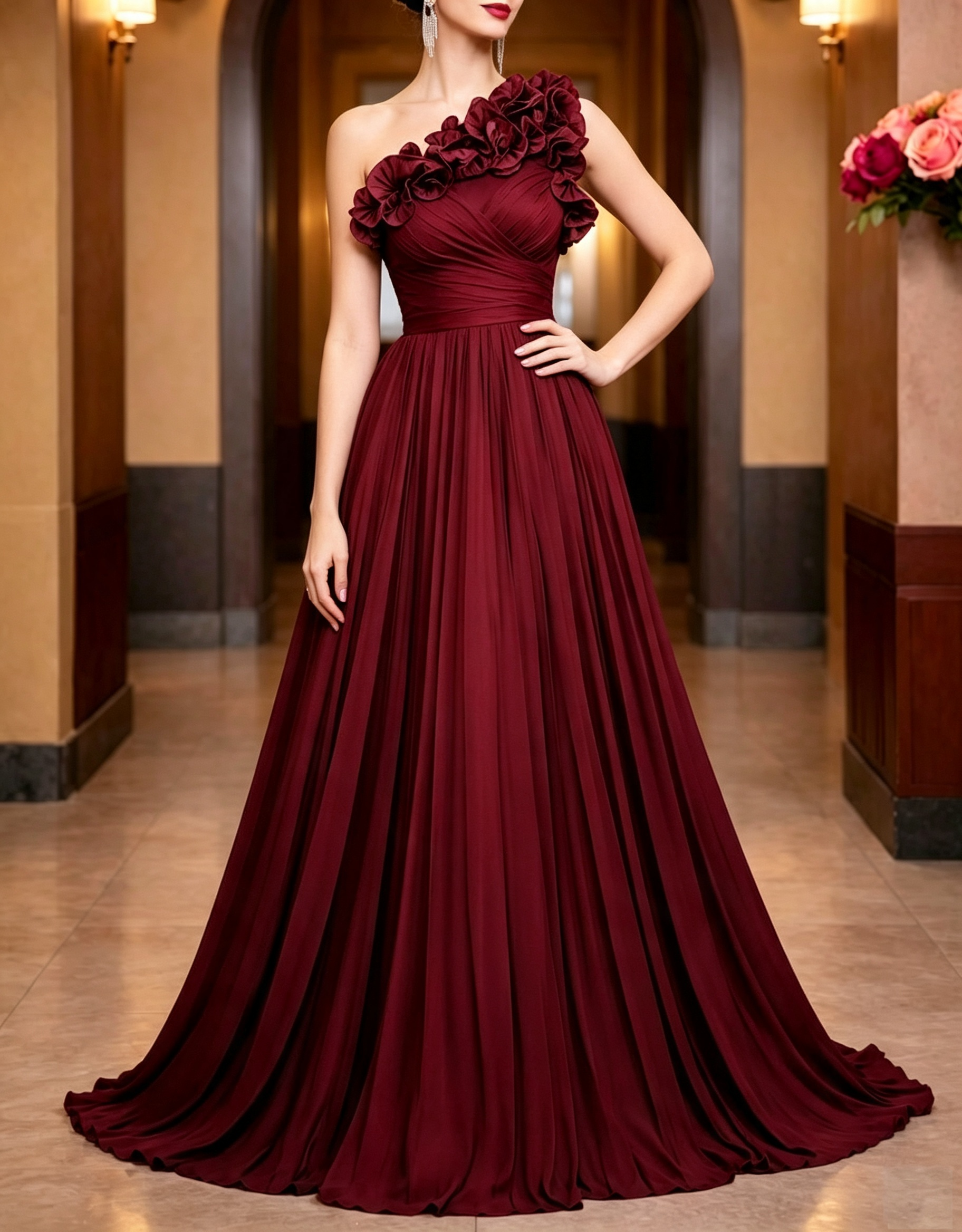 One‑Shoulder Ruffle Chiffon A‑Line Evening Maxi Dress