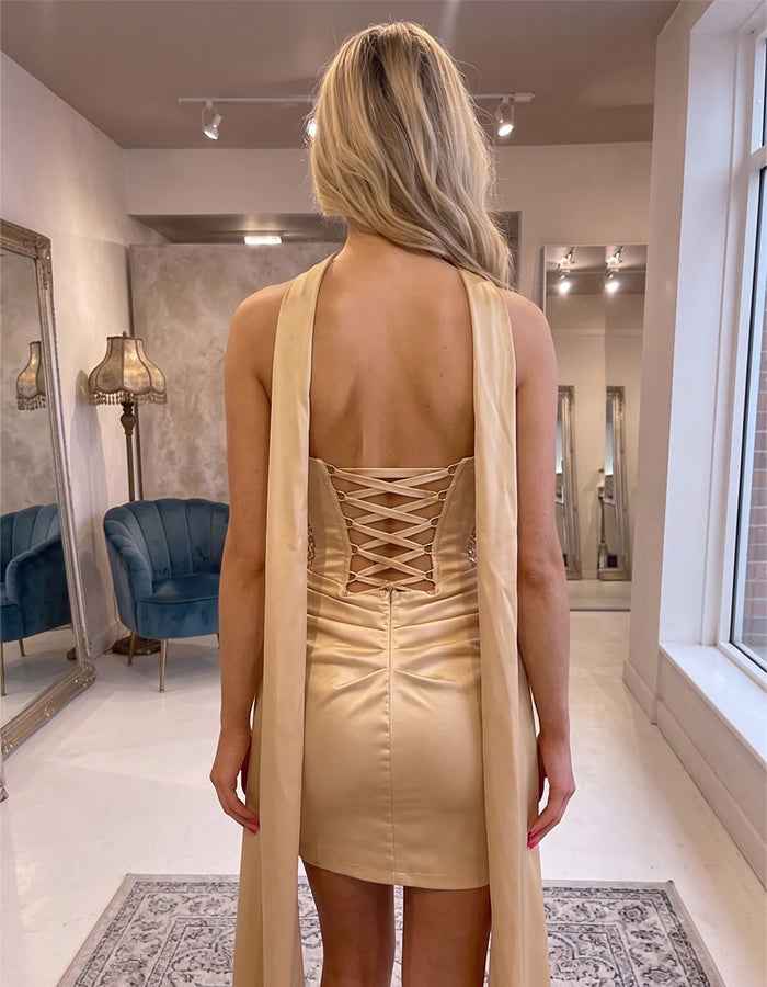 Champagne Sequined Satin Strapless Mini Dress