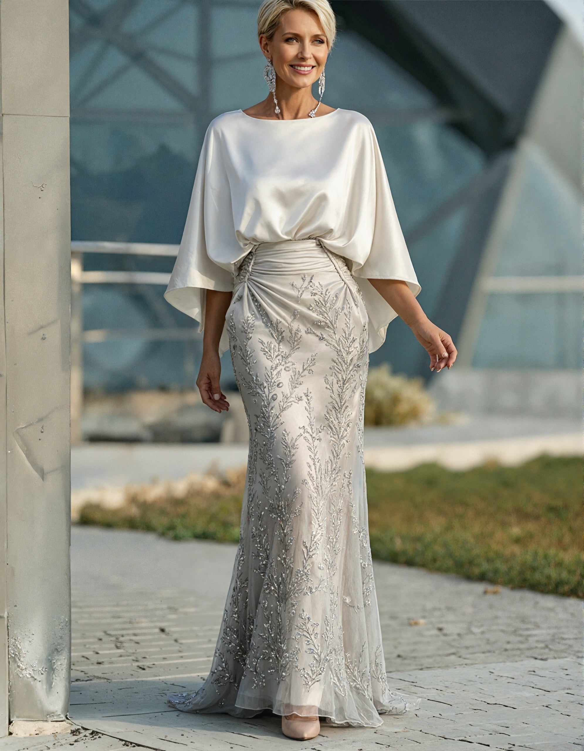 Vestido maxi branco com mangas tipo xaile e design de sereia com lantejoulas prateadas