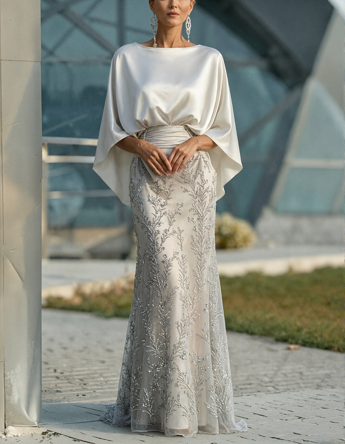 White Shawl Sleeves With Silver Sequined Mermaid Design Maxi Dress