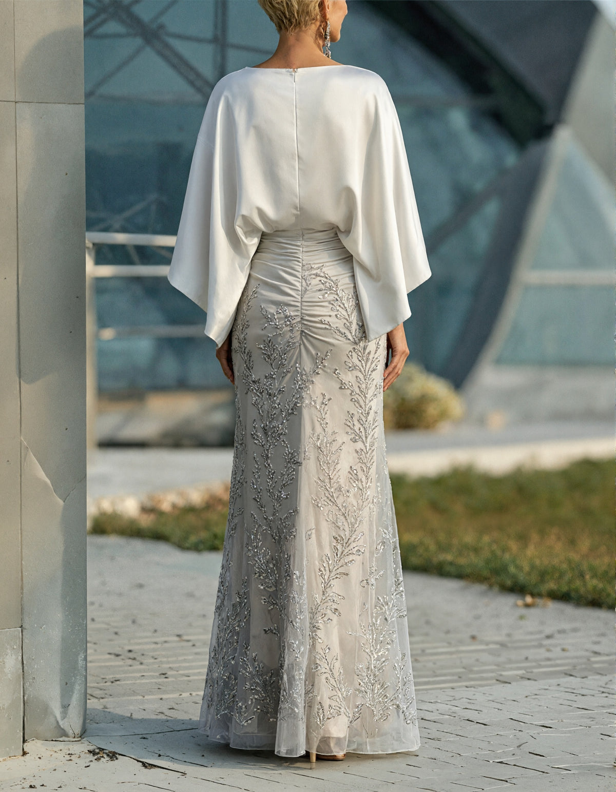 White Shawl Sleeves With Silver Sequined Mermaid Design Maxi Dress