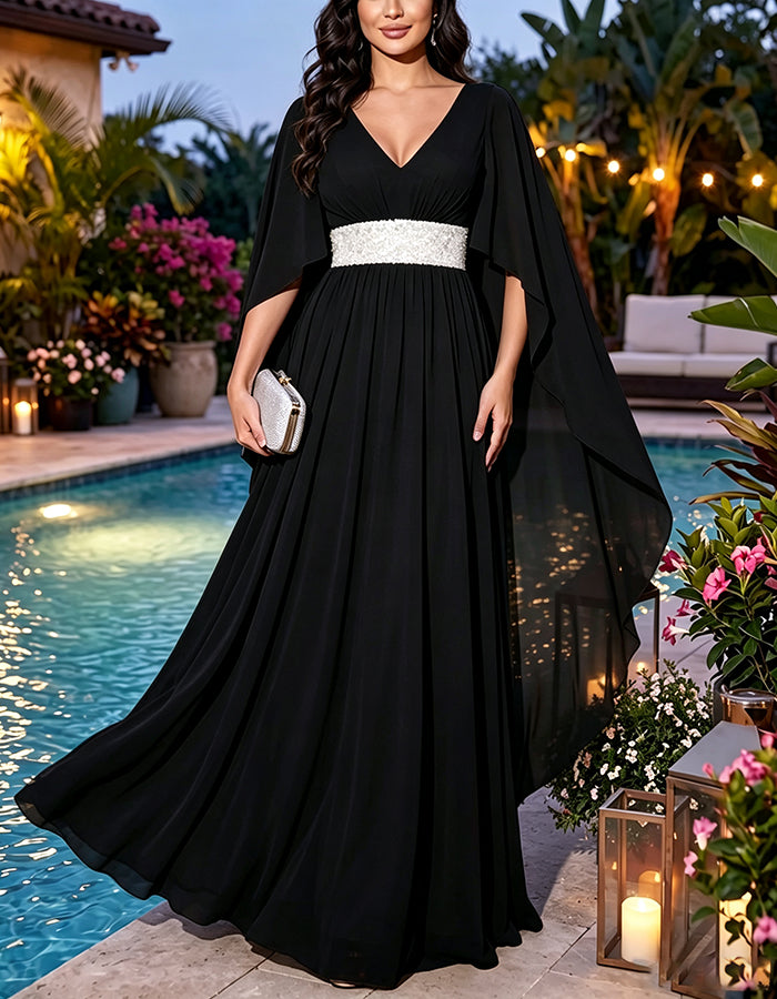 Maxikleid mit V-Ausschnitt, Cape-Ärmeln, Paillettenbund und fließendem Chiffon‑Rock