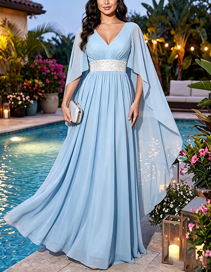 Vestido maxi esvoaçante de chiffon com decote em V, mangas tipo capa, lantejoulas e cintura marcada