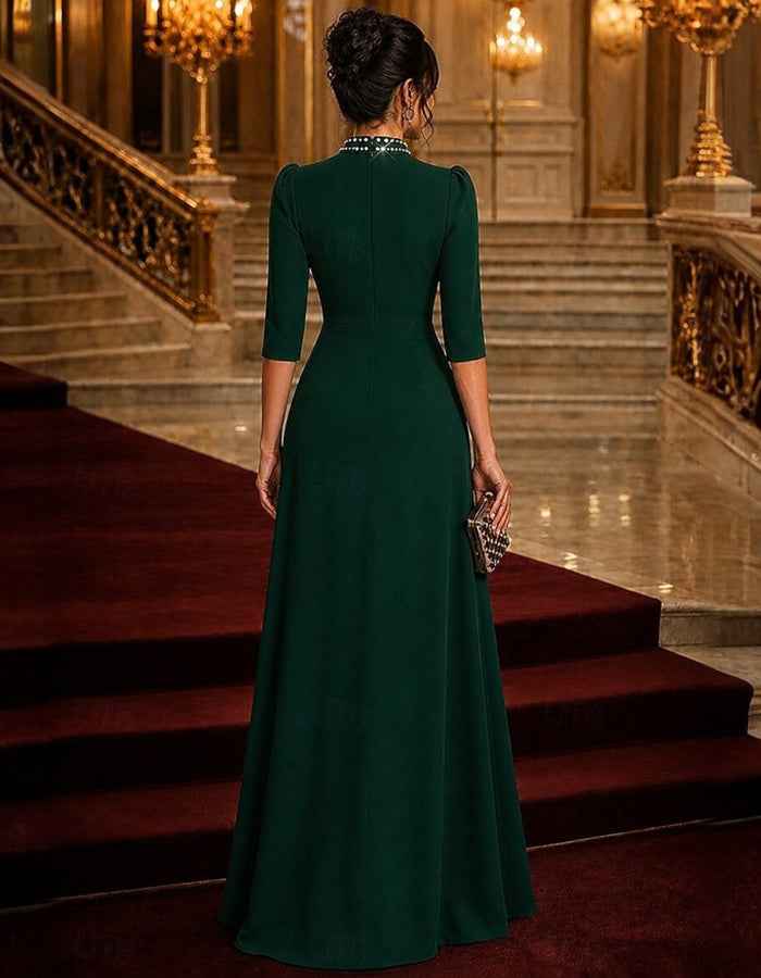 High Neck 3/4 Sleeve Waist Ruched Maxi Dress