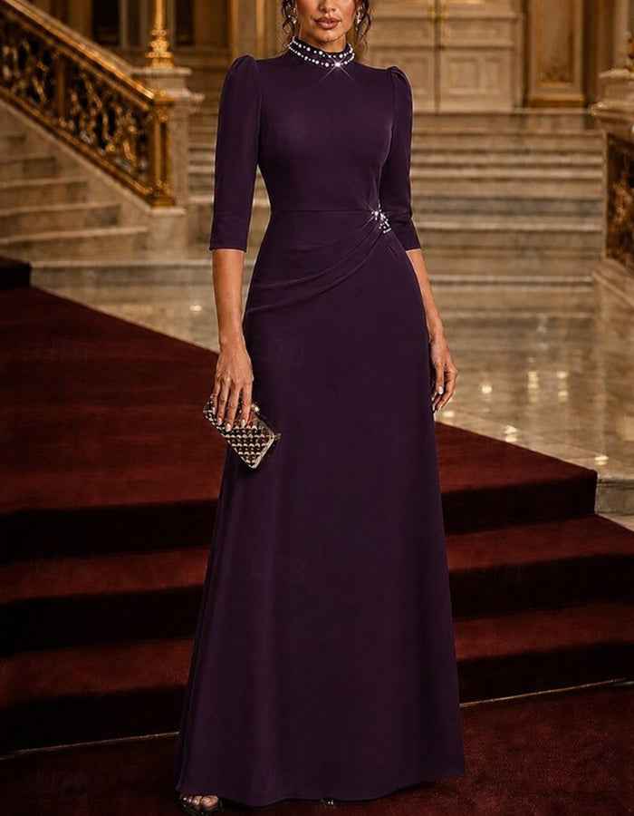 High Neck 3/4 Sleeve Waist Ruched Maxi Dress