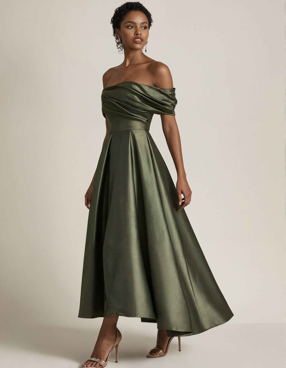 Olive Green Off Shoulder Satin Pleated Hem Maxi Dress