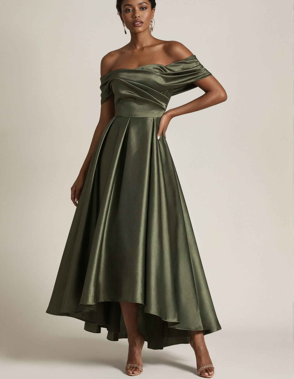 Olive Green Off Shoulder Satin Pleated Hem Maxi Dress