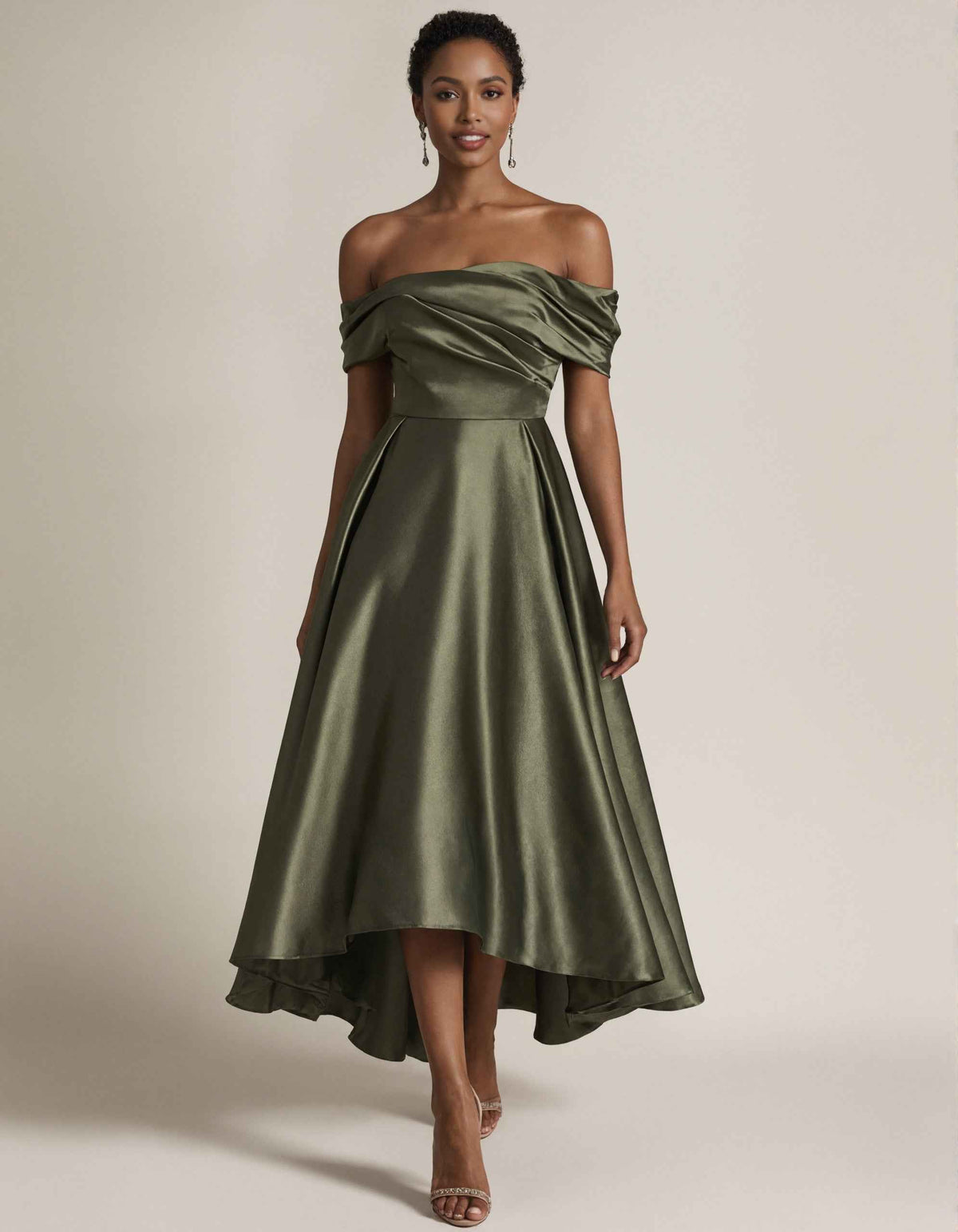 Olive Green Off Shoulder Satin Pleated Hem Maxi Dress