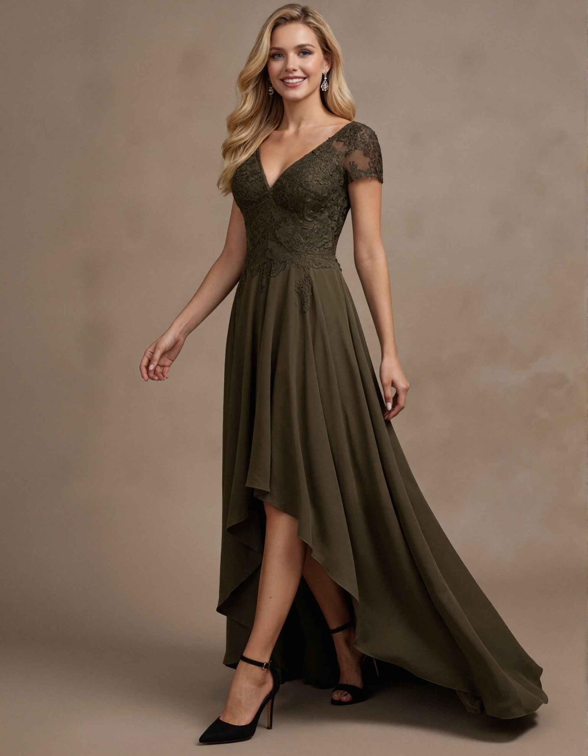 Olive Green V-Neck Short Sleeved Lace Chiffon Dress With Varying Hemline Maxi Dress