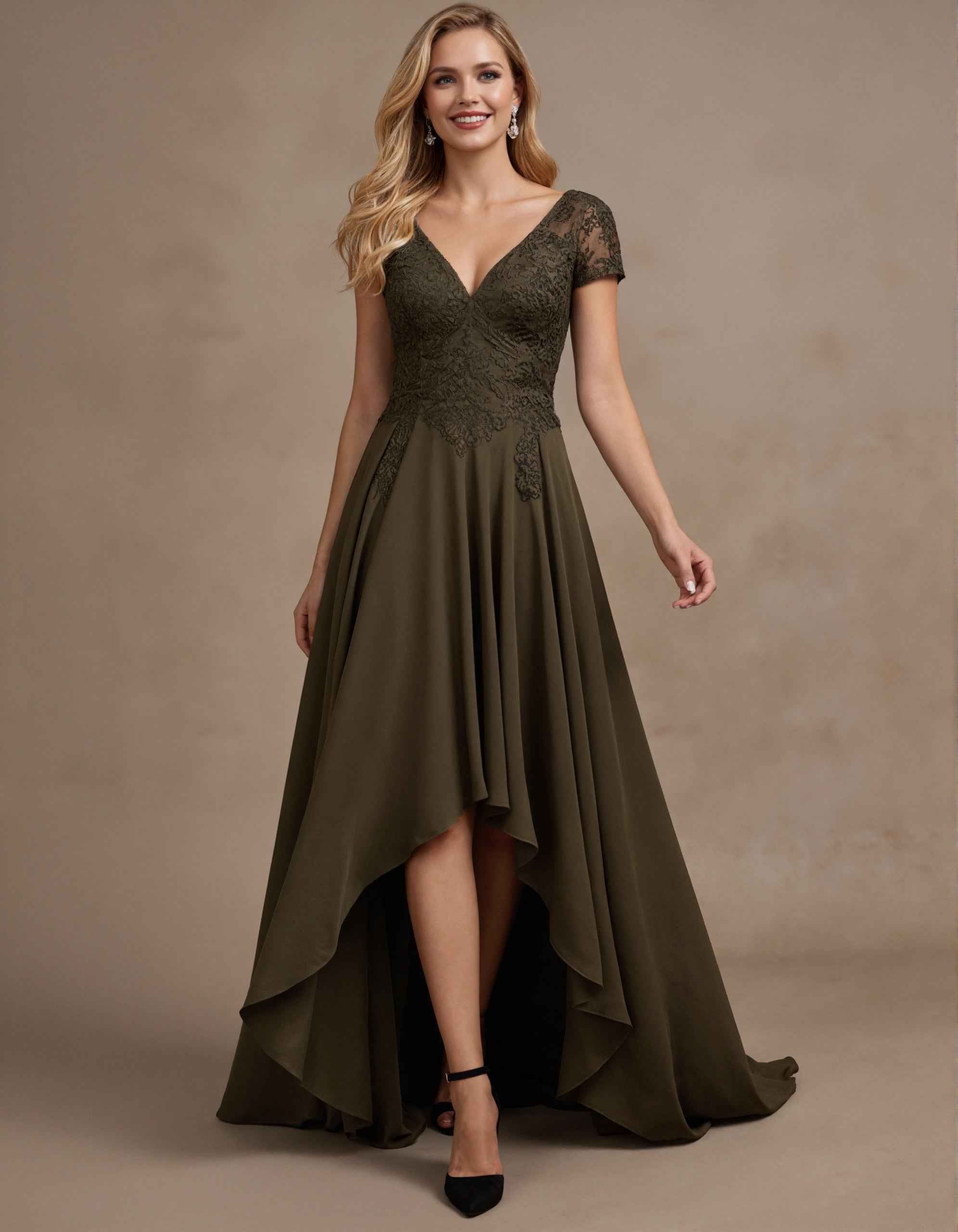 olive green chiffon dress V-Neck Short Sleeved Lace With Varying Hemline Maxi Dress Bride Black Dress For creating a graceful and Polka dot Size:12 (LARGE)