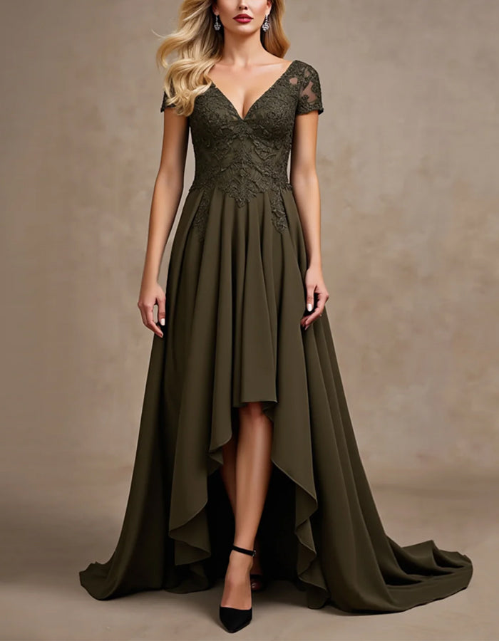 Olivgrünes Maxi-Kleid aus Chiffon mit Spitze, V-Ausschnitt, kurzen Ärmeln und asymmetrischem Saum