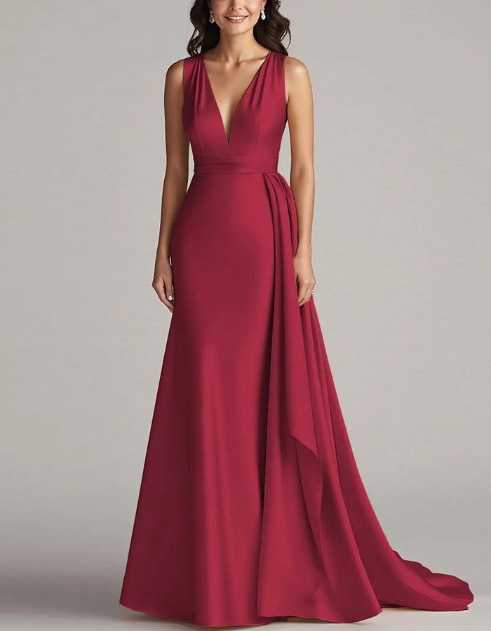 Einfarbiges ärmelloses Satin-Maxikleid mit tiefem V-Ausschnitt