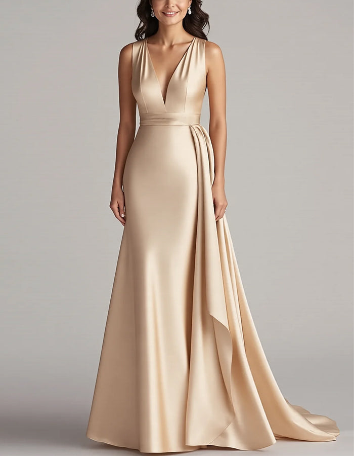Einfarbiges ärmelloses Satin-Maxikleid mit tiefem V-Ausschnitt