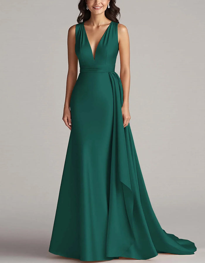 Einfarbiges ärmelloses Satin-Maxikleid mit tiefem V-Ausschnitt