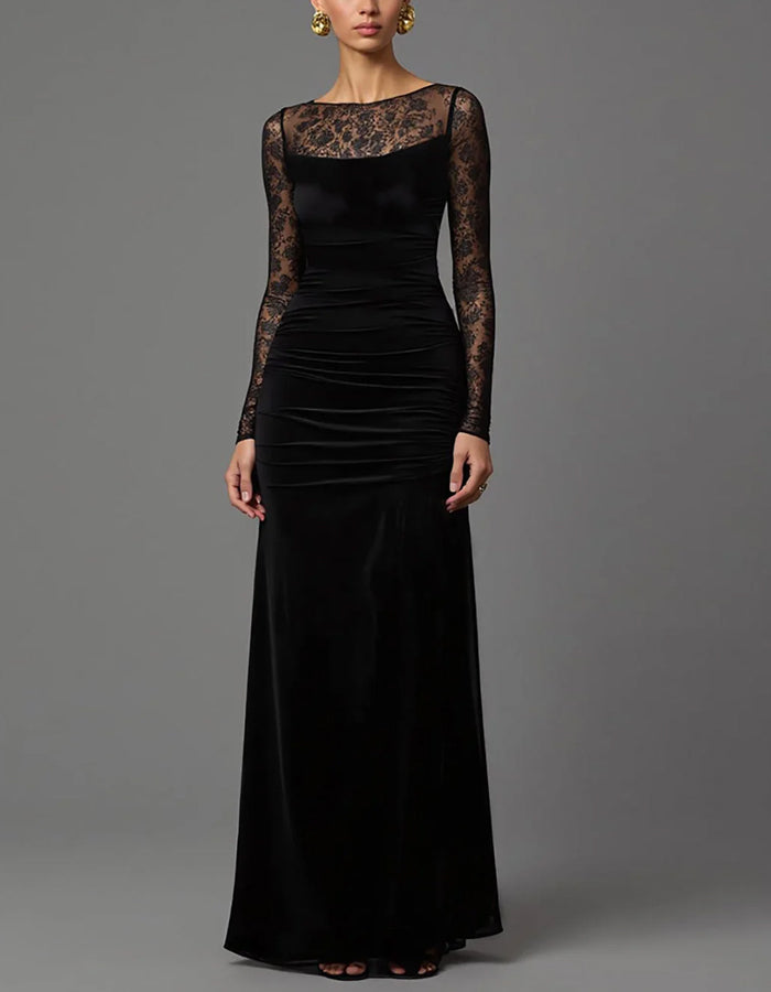Schwarzes langärmeliges Plissee-Maxikleid aus Samt mit Spitze