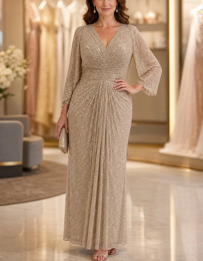 Champagnekleurige maxi-jurk met V-hals, 3/4-mouwen, pailletten, plooien en draperieën