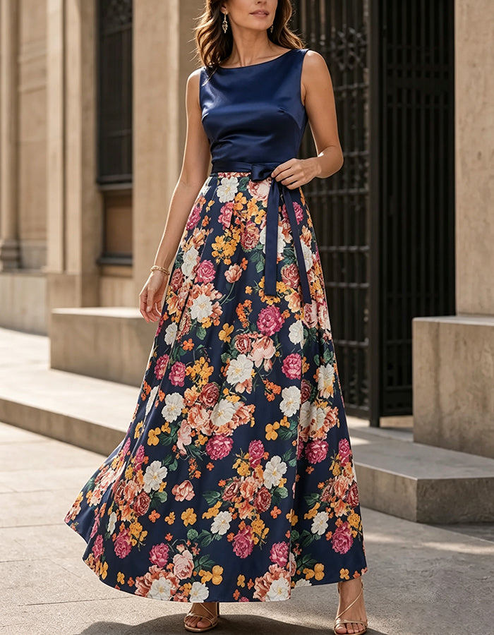 Navy Blue Boat Neck Sleeveless Satin Floral Maxi Dress