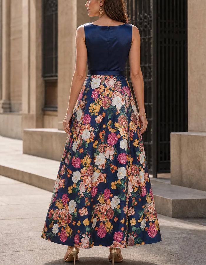 Navy Blue Boat Neck Sleeveless Satin Floral Maxi Dress