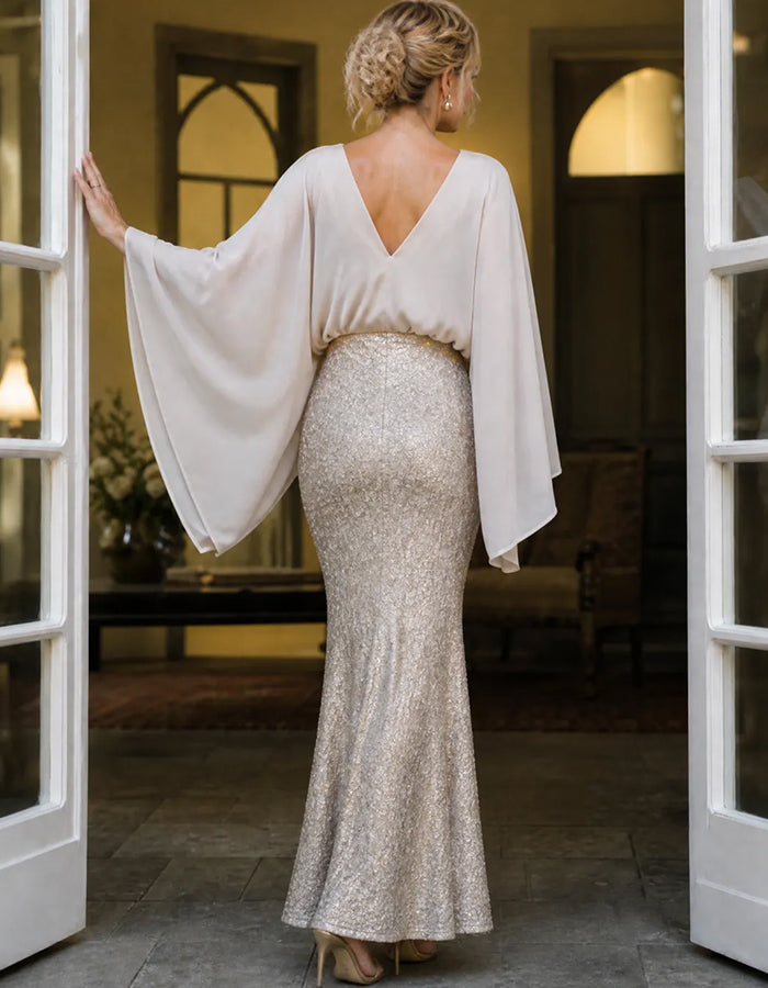 Champagnerfarbenes Chiffon-Maxikleid in Meerjungfrauen-Schnitt mit Fledermausärmeln und Pailletten